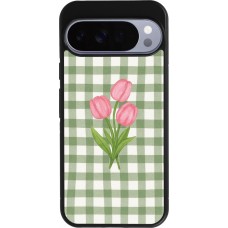 Coque Google Pixel 10 Pro XL - Silicone rigide noir Green vichy tulips Spring 2026