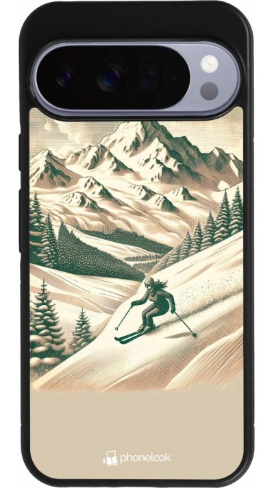 Coque Google Pixel 10 Pro XL - Silicone rigide noir Vintage Ski Mountain