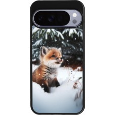 Coque Google Pixel 10 Pro XL - Silicone rigide noir Noël 2023 Renardeau sapin