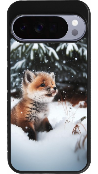 Coque Google Pixel 10 Pro XL - Silicone rigide noir Noël 2023 Renardeau sapin