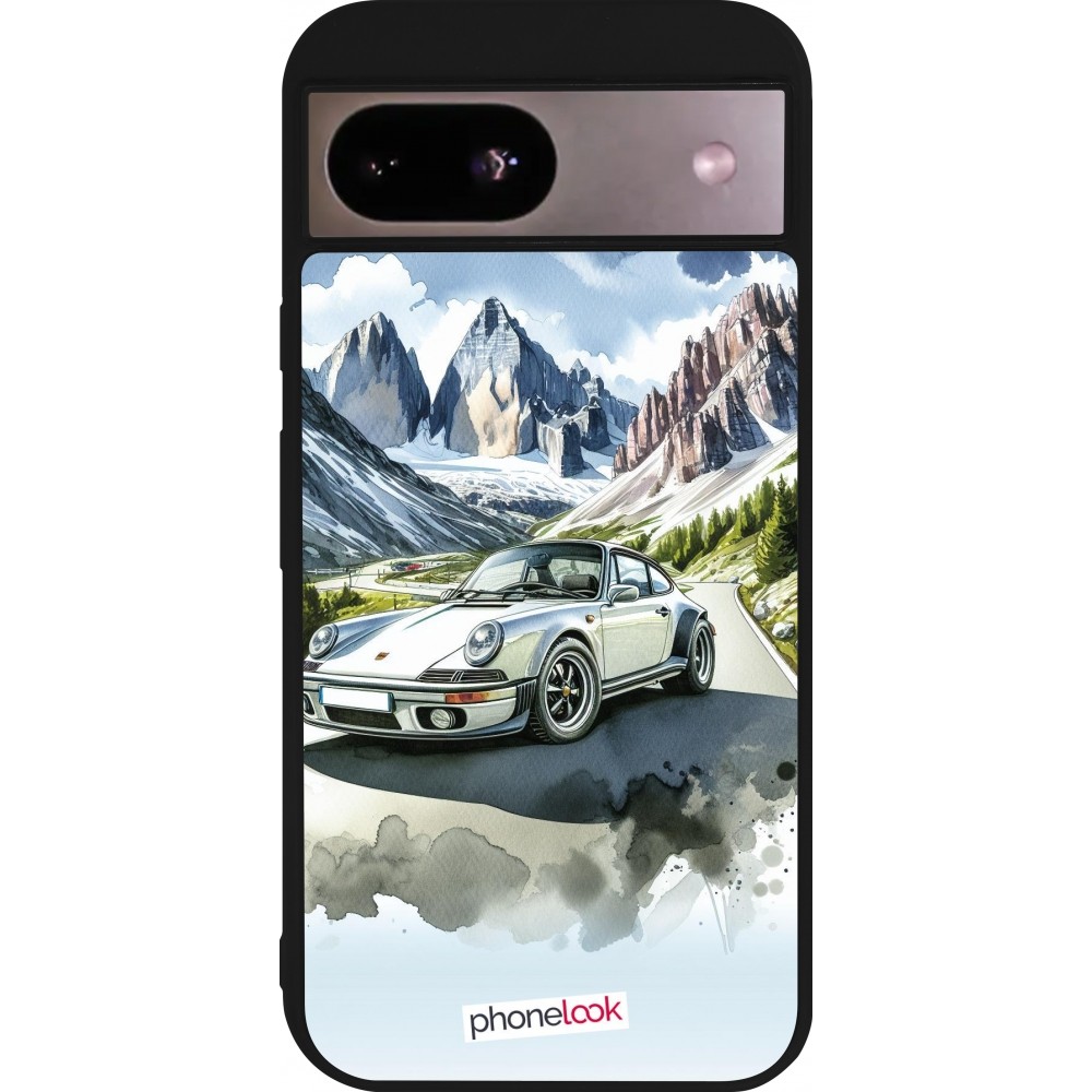Coque Google Pixel 8a - Silicone rigide noir Porsche 911 Mountain Watercolor