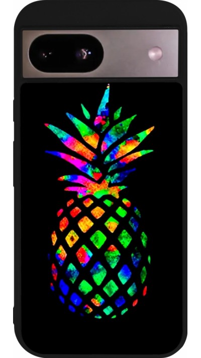 Coque Google Pixel 8a - Silicone rigide noir Ananas Multi-colors