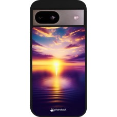 Coque Google Pixel 8a - Silicone rigide noir Coucher soleil jaune violet