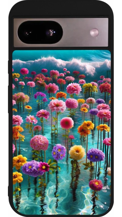 Coque Google Pixel 8a - Silicone rigide noir Flower sea waves