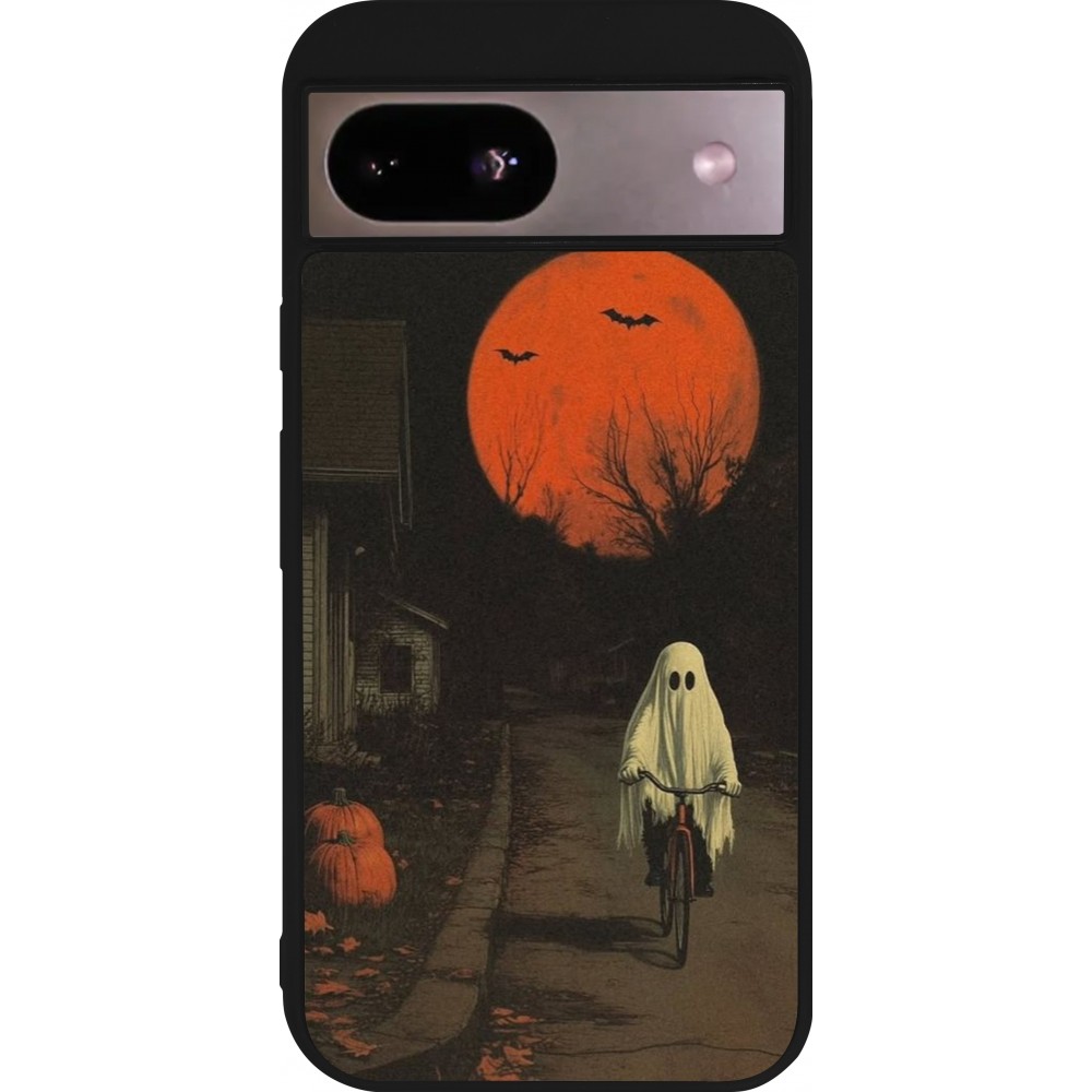 Google Pixel 8a Case Hülle - Silikon schwarz Halloween 2025 Ghost on a bicycle