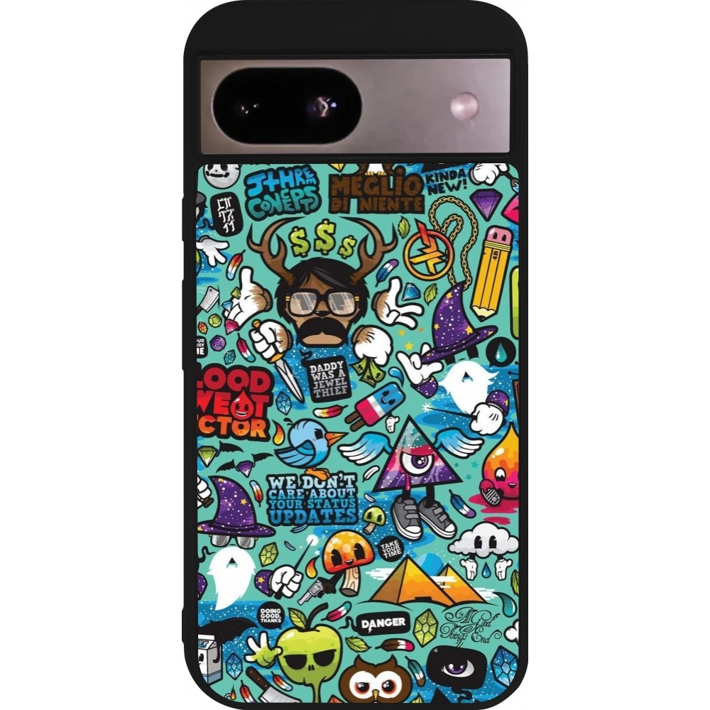Google Pixel 8a Case Hülle - Silikon schwarz Mixed Cartoons Turquoise