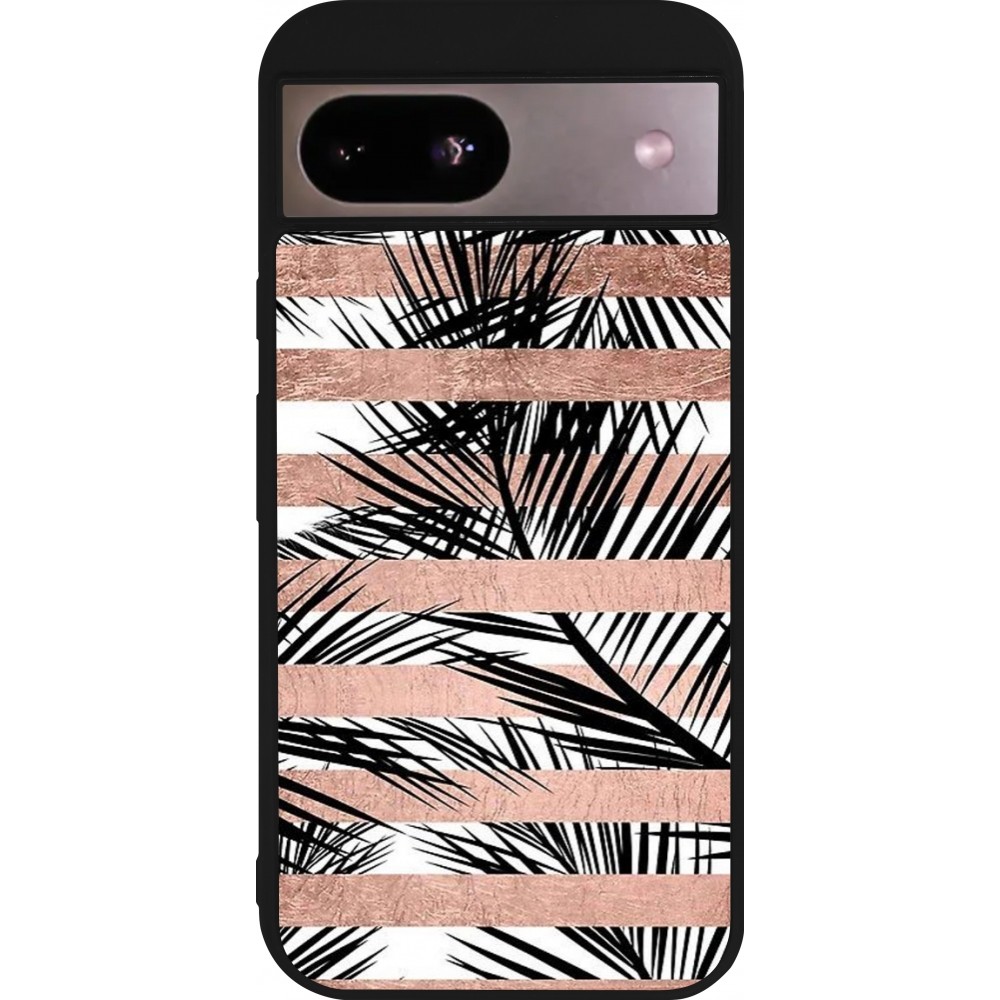 Coque Google Pixel 8a - Silicone rigide noir Palm trees gold stripes