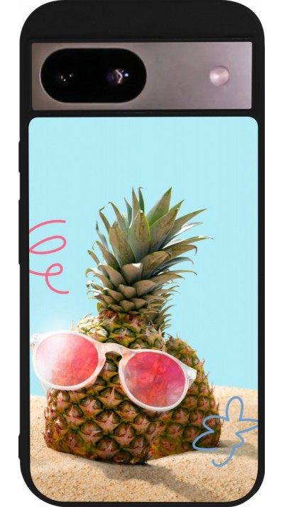 Coque Google Pixel 8a - Silicone rigide noir Pineapple with glasses Summer 2026
