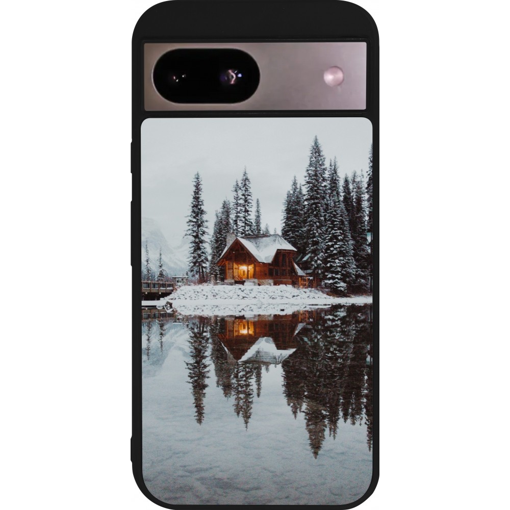 Coque Google Pixel 8a - Silicone rigide noir Winter 25 Winter house forest afternoon