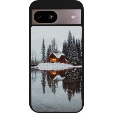 Coque Google Pixel 8a - Silicone rigide noir Winter 25 Winter house forest afternoon