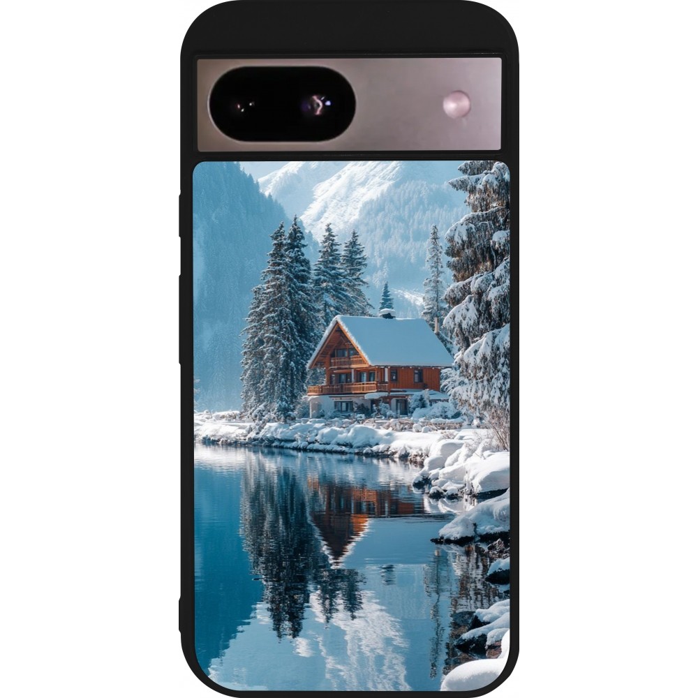 Coque Google Pixel 8a - Silicone rigide noir Winter 25 Winter house forest day