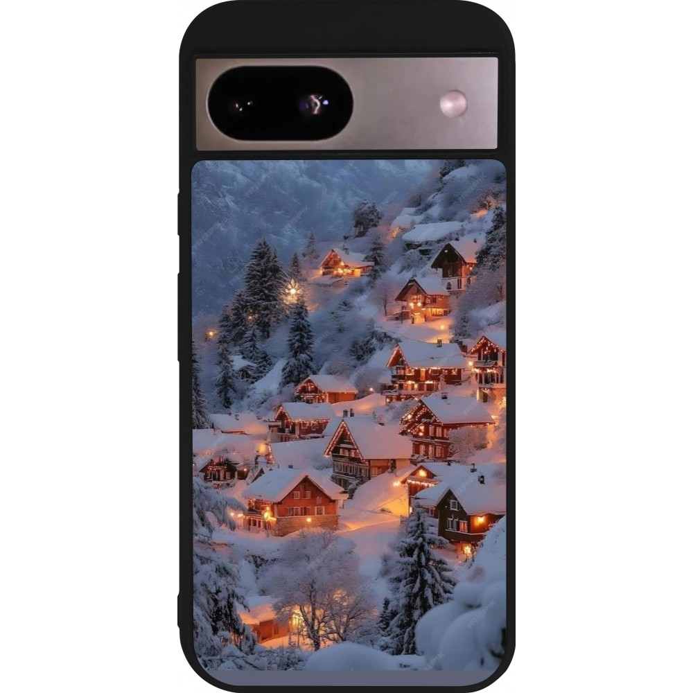 Coque Google Pixel 8a - Silicone rigide noir Winter 25 Winter snowy village