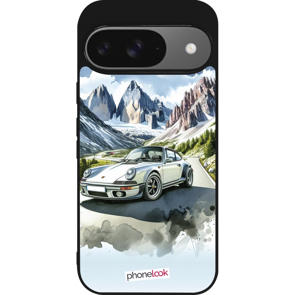 Coque Google Pixel 9 / Pixel 9 Pro - Silicone rigide noir Porsche 911 Mountain Watercolor