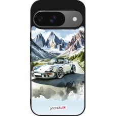 Coque Google Pixel 9 / Pixel 9 Pro - Silicone rigide noir Porsche 911 Mountain Watercolor