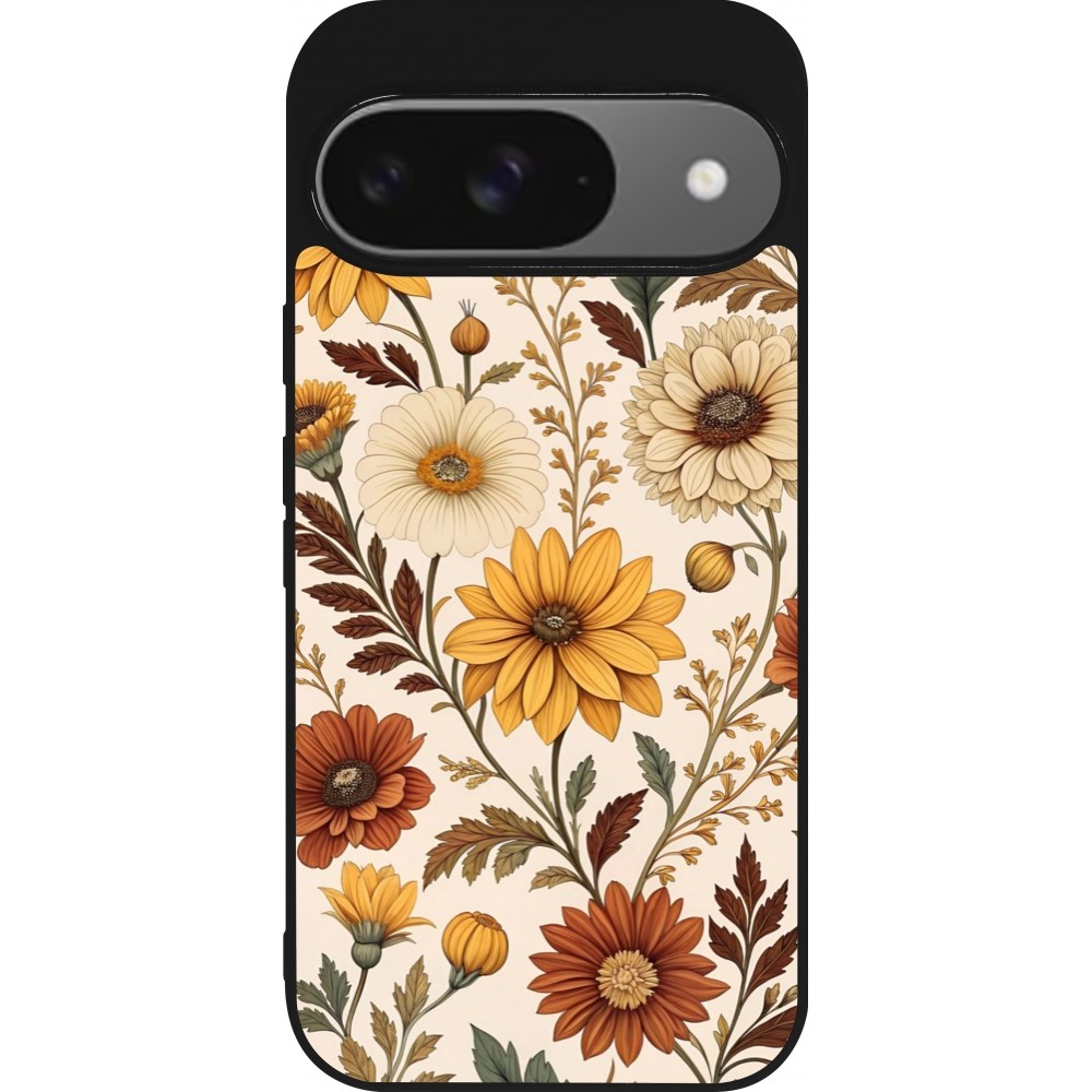 Coque Google Pixel 9 / Pixel 9 Pro - Silicone rigide noir Autumn 25 Flower pattern