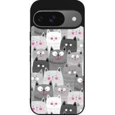 Coque Google Pixel 9 / Pixel 9 Pro - Silicone rigide noir Chats gris troupeau