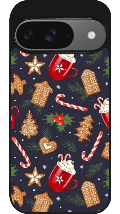 Coque Google Pixel 9 / Pixel 9 Pro - Silicone rigide noir Christmas 25 Pattern Gingerbread House