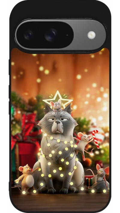 Coque Google Pixel 9 / Pixel 9 Pro - Silicone rigide noir Christmas 25 Xmas Cat