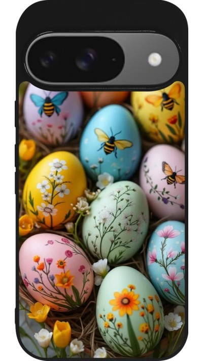 Coque Google Pixel 9 / Pixel 9 Pro - Silicone rigide noir Easter 2026 Eggs with bees