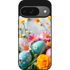 Coque Google Pixel 9 / Pixel 9 Pro - Silicone rigide noir Easter 2026 Eggs with flowers
