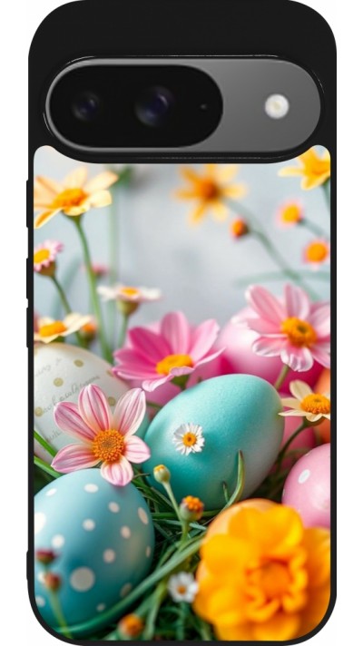 Coque Google Pixel 9 / Pixel 9 Pro - Silicone rigide noir Easter 2026 Eggs with flowers