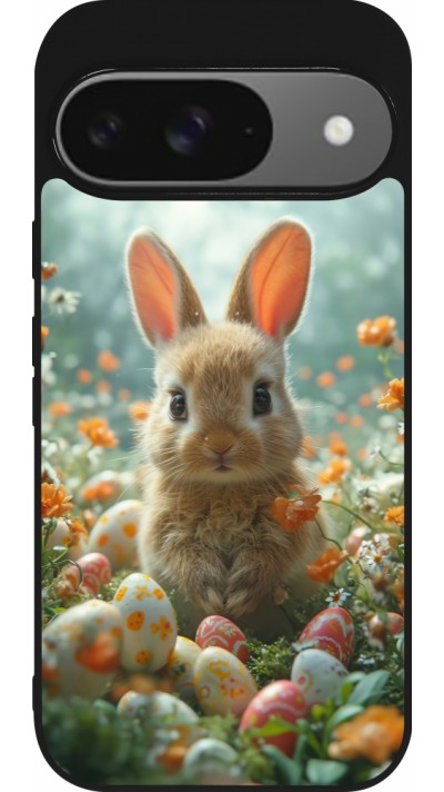 Coque Google Pixel 9 / Pixel 9 Pro - Silicone rigide noir Easter 2026 Rabbit in the garden