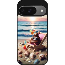 Coque Google Pixel 9 / Pixel 9 Pro - Silicone rigide noir Emoji caca sur chaise longue