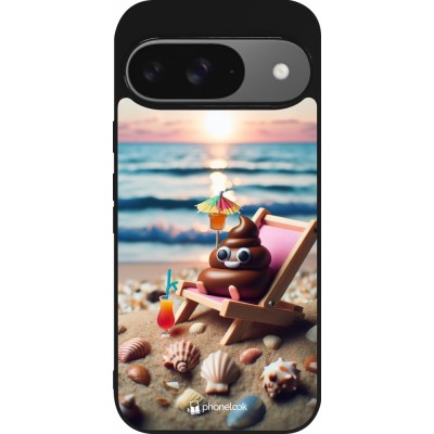 Coque Google Pixel 9 / Pixel 9 Pro - Silicone rigide noir Emoji caca sur chaise longue