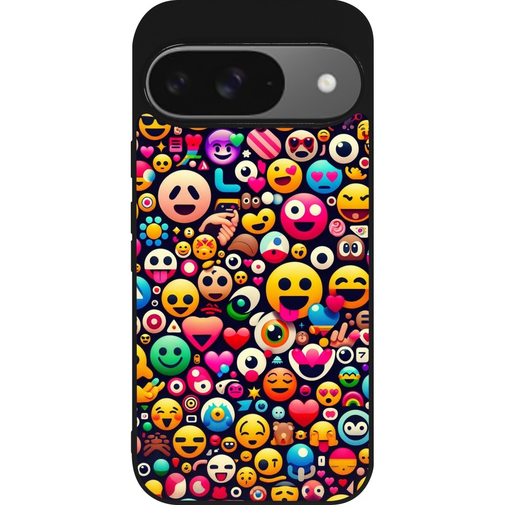 Coque Google Pixel 9 / Pixel 9 Pro - Silicone rigide noir Emoji Mix Color