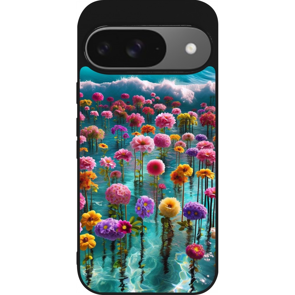 Coque Google Pixel 9 / Pixel 9 Pro - Silicone rigide noir Flower sea waves