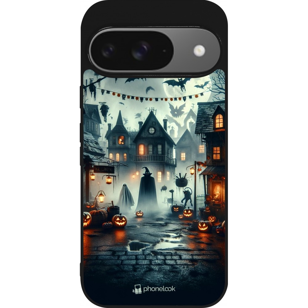 Google Pixel 9 / Pixel 9 Pro Case Hülle - Silikon schwarz Halloween Spukstadt