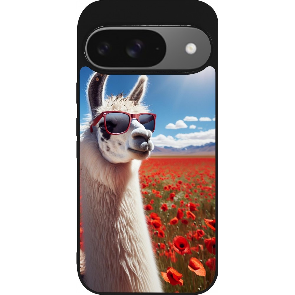 Google Pixel 9 / Pixel 9 Pro Case Hülle - Silikon schwarz Lama Chic in Mohnblume
