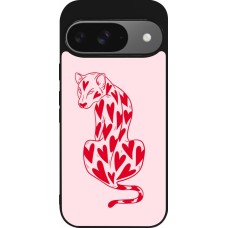 Coque Google Pixel 9 / Pixel 9 Pro - Silicone rigide noir Leopard with hearts 2026
