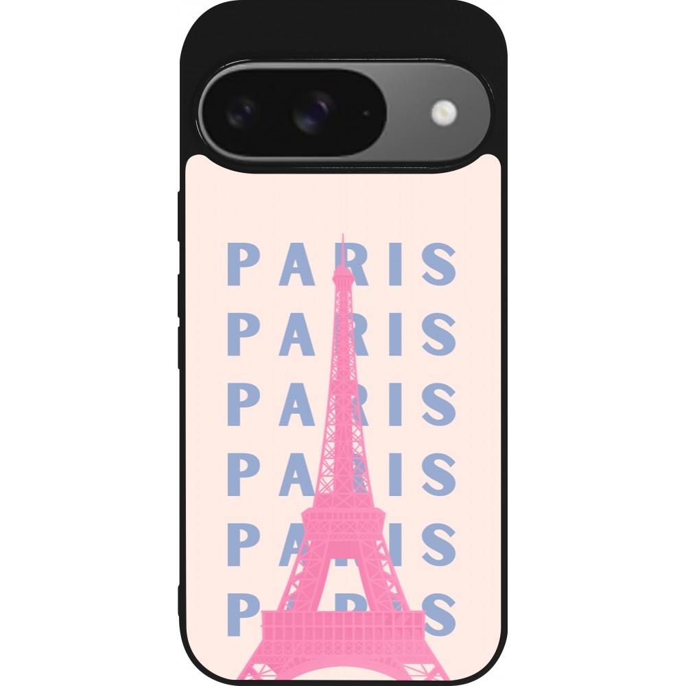 Coque Google Pixel 9 / Pixel 9 Pro - Silicone rigide noir Paris Pink Print