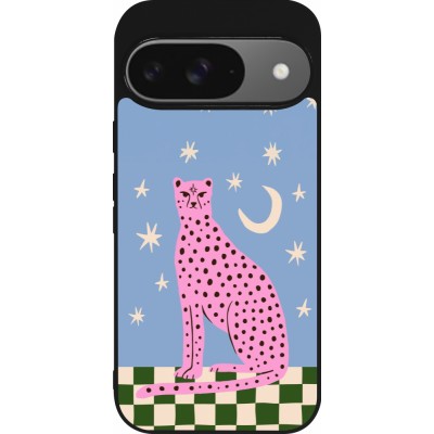 Google Pixel 9 / Pixel 9 Pro Case Hülle - Silikon schwarz Pink leopard with stars 2026