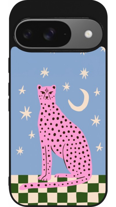 Coque Google Pixel 9 / Pixel 9 Pro - Silicone rigide noir Pink leopard with stars 2026