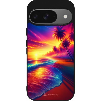 Coque Google Pixel 9 / Pixel 9 Pro - Silicone rigide noir Plage coucher soleil flashy
