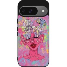 Coque Google Pixel 9 / Pixel 9 Pro - Silicone rigide noir Psychedelic pink mushroom