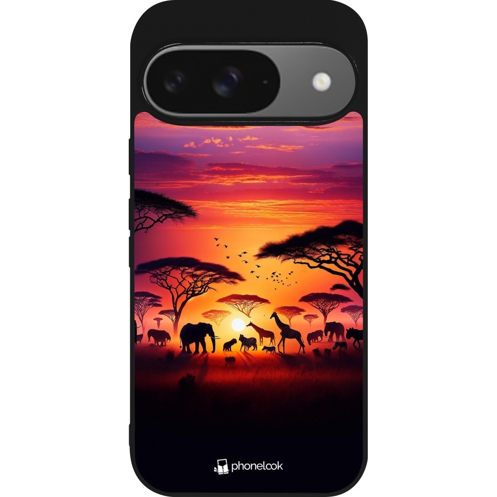 Coque Google Pixel 9 / Pixel 9 Pro - Silicone rigide noir Safari sunset wildlife