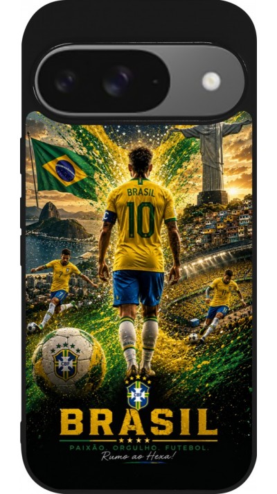 Coque Google Pixel 9 / Pixel 9 Pro - Silicone rigide noir Football Brésil splash 2026