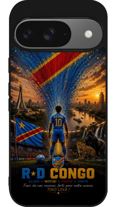 Coque Google Pixel 9 / Pixel 9 Pro - Silicone rigide noir Football République démocratique du Congo splash 2026
