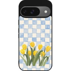 Coque Google Pixel 9 / Pixel 9 Pro - Silicone rigide noir Blue vichy tulips 2026