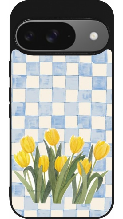 Coque Google Pixel 9 / Pixel 9 Pro - Silicone rigide noir Blue vichy tulips 2026
