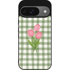 Coque Google Pixel 9 / Pixel 9 Pro - Silicone rigide noir Green vichy tulips Spring 2026