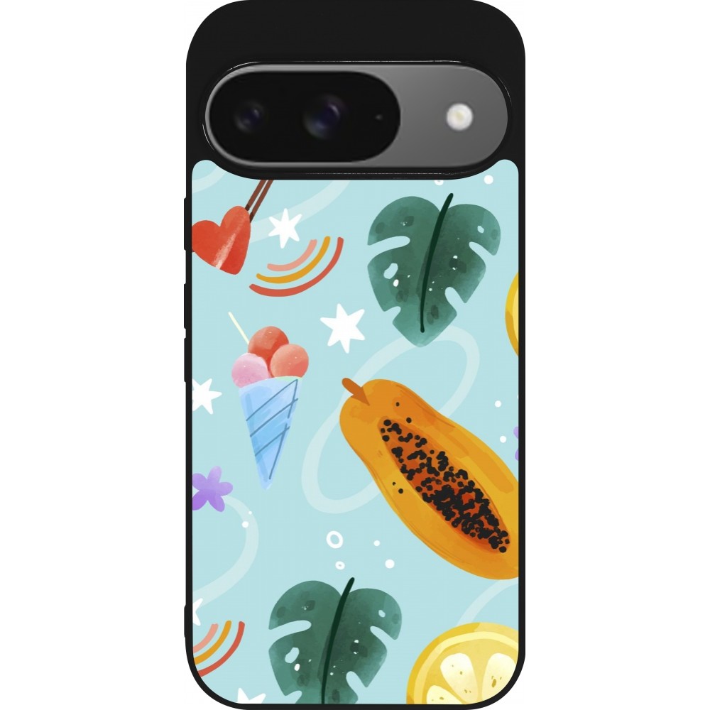 Google Pixel 9 / Pixel 9 Pro Case Hülle - Silikon schwarz Summer 2025 Pattern papaya