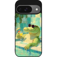 Coque Google Pixel 9 / Pixel 9 Pro - Silicone rigide noir Crocodile in the swimming pool Summer 2026