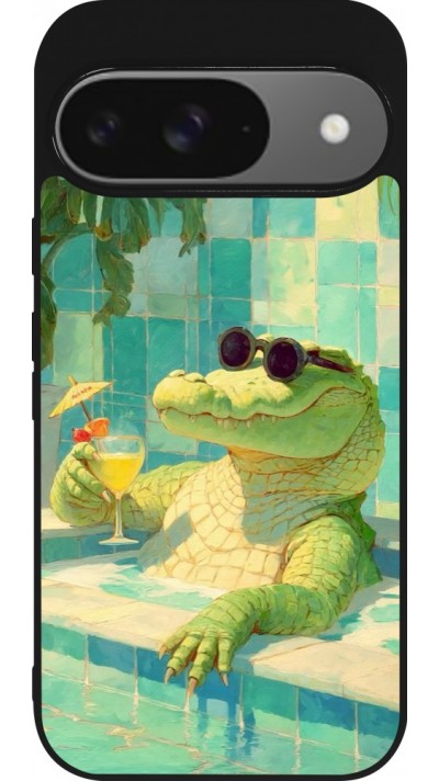 Coque Google Pixel 9 / Pixel 9 Pro - Silicone rigide noir Crocodile in the swimming pool Summer 2026