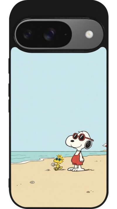 Coque Google Pixel 9 / Pixel 9 Pro - Silicone rigide noir Snoopy on the beach Summer 2026