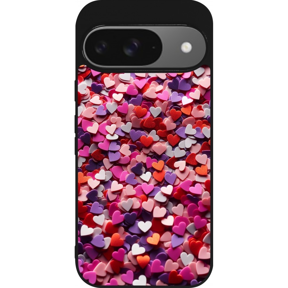 Coque Google Pixel 9 / Pixel 9 Pro - Silicone rigide noir Valentine 2025 Confetti
