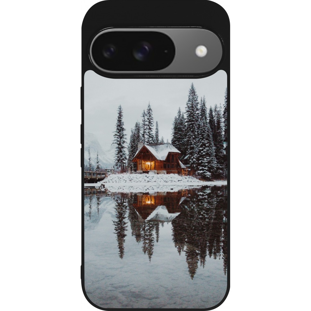 Coque Google Pixel 9 / Pixel 9 Pro - Silicone rigide noir Winter 25 Winter house forest afternoon